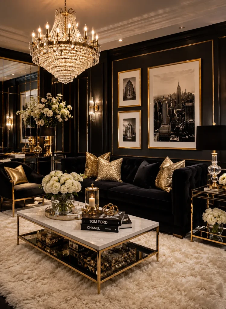 Black and Gold Glam Living Room