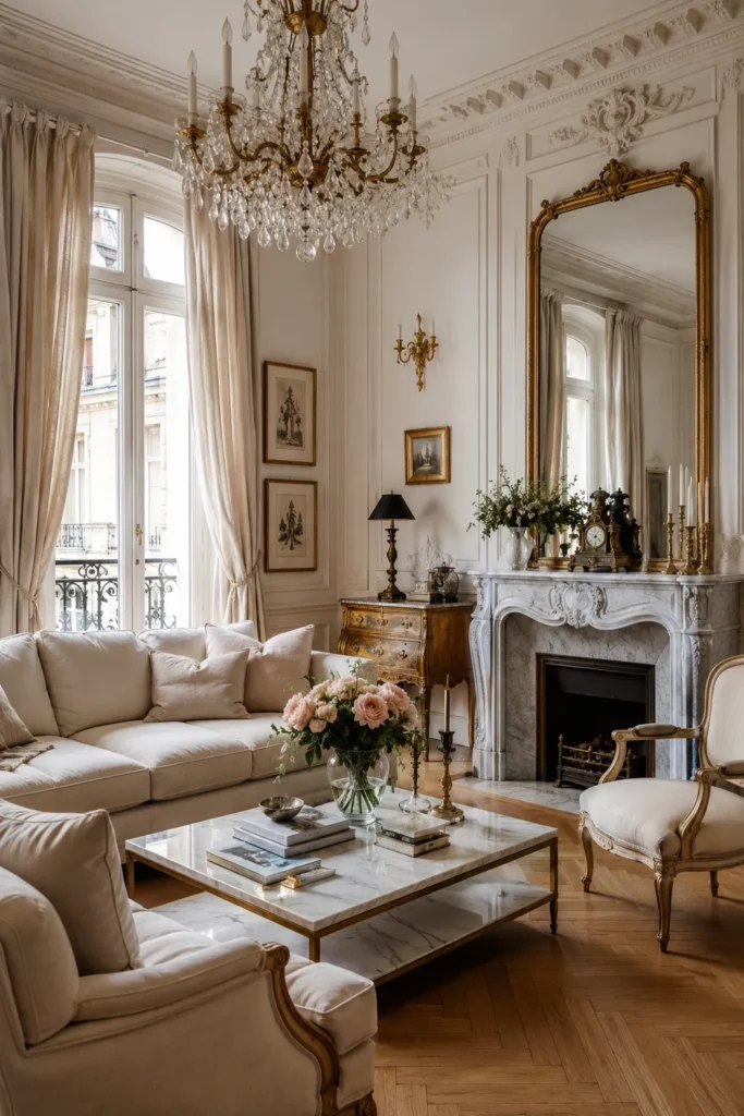 Classic Parisian Living Room with Ornate Moldings