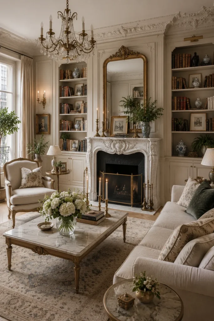 French Living Room with Built-In Bookshelves