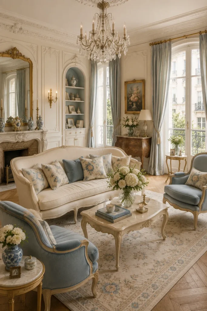 French Living Room with Elegant Blue Accents