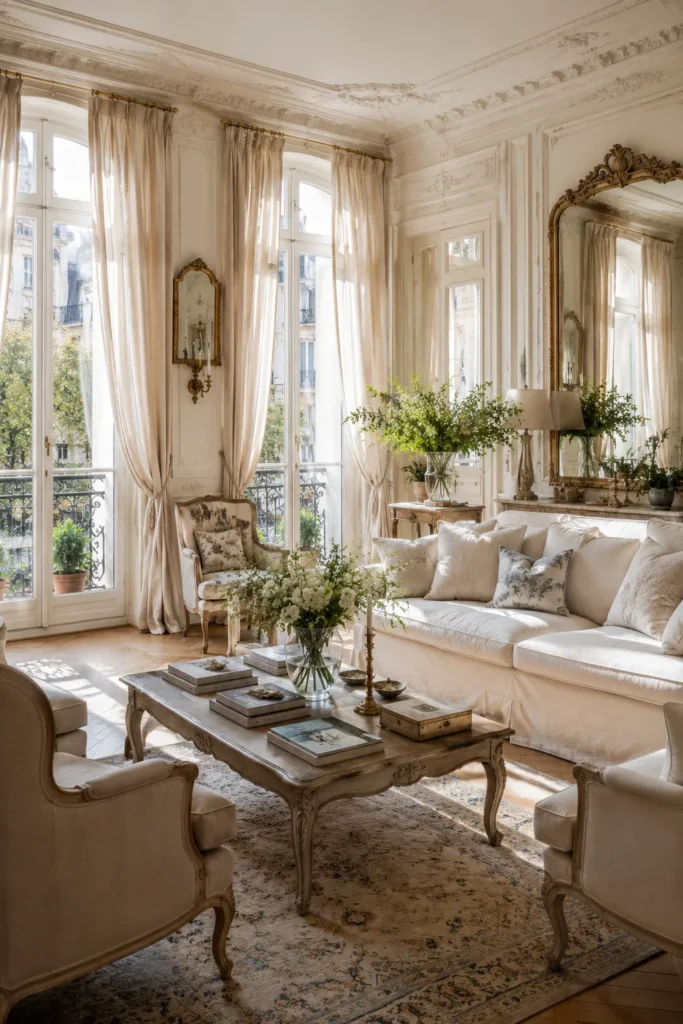 French Living Room with Floor-to-Ceiling Windows