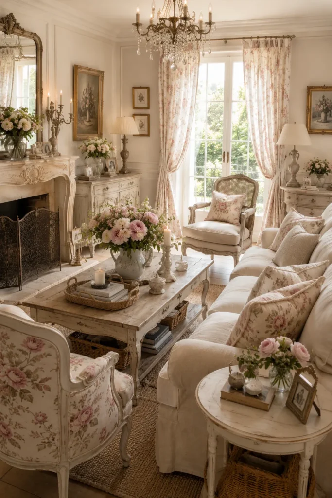 French Living Room with Floral Elegance