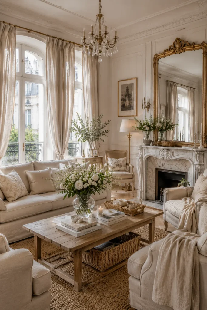 French Living Room with Natural Linen Décor