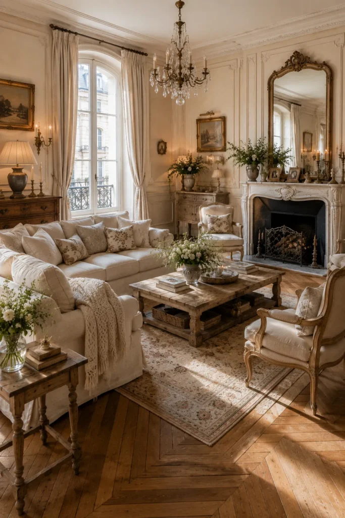 French Living Room with Warm Wooden Floors