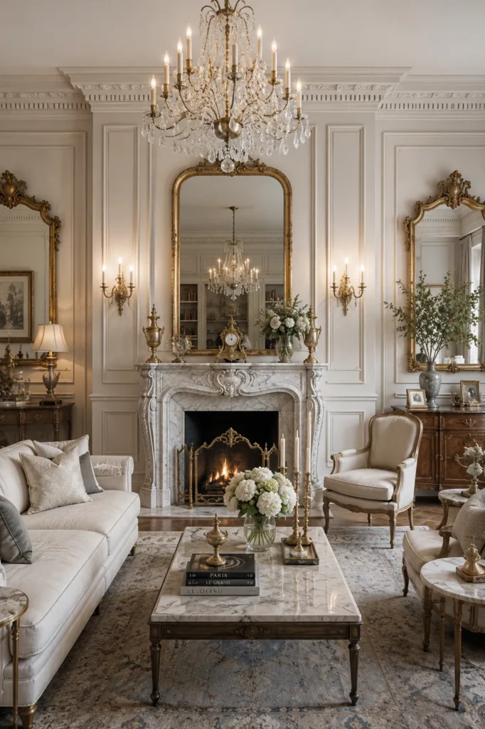 French Living Room with a Grand Marble Fireplace