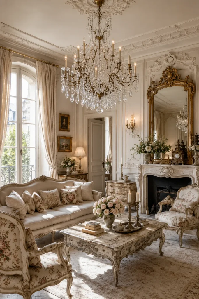 French Living Room with a Statement Chandelier