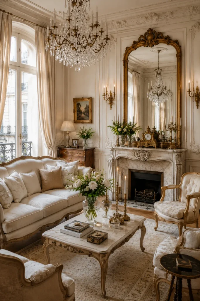 French Living Room with an Oversized Gilded Mirror