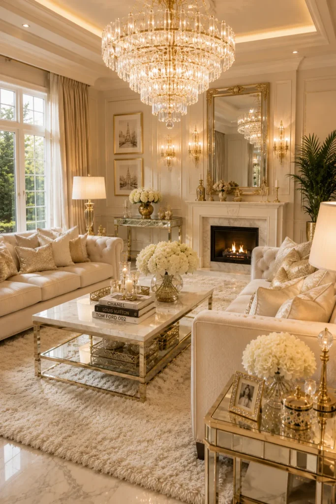 Glam Living Room with Statement Lighting