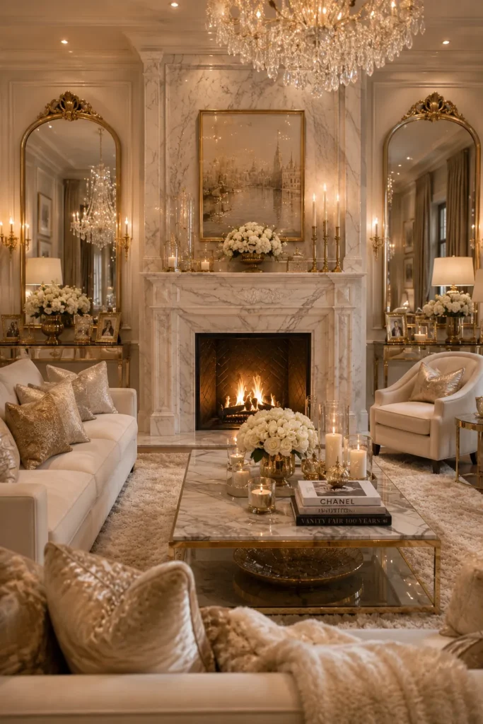 Glam Living Room with a Marble Fireplace