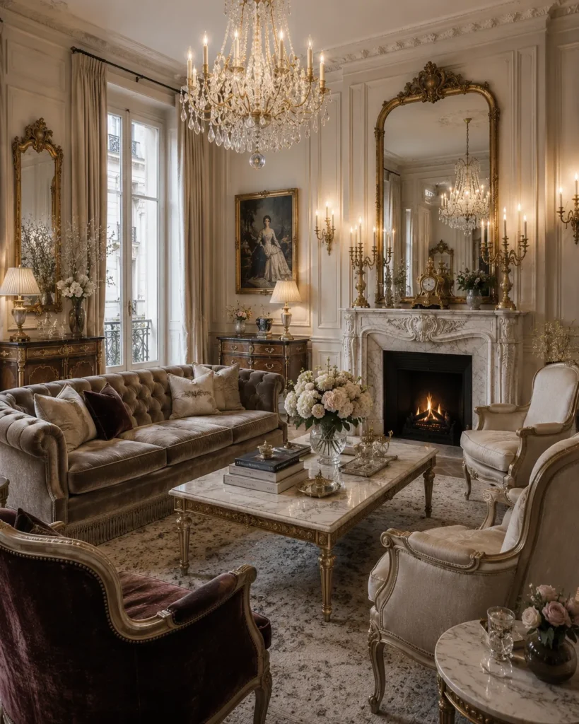 Luxurious French Living Room with Velvet Seating