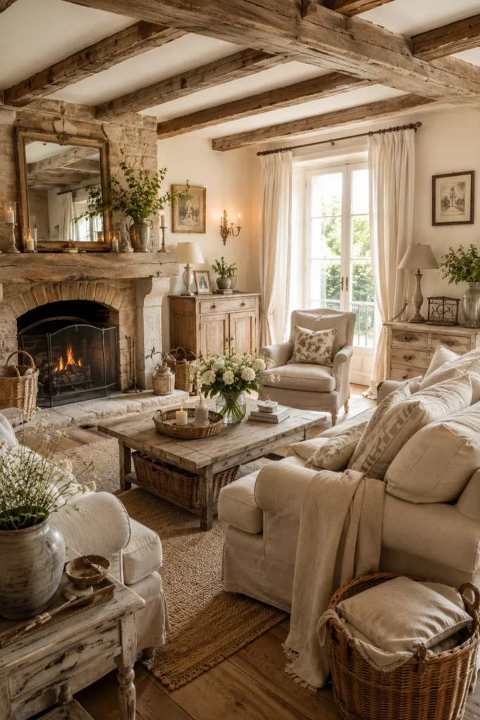 Rustic French Living Room with Exposed Beams