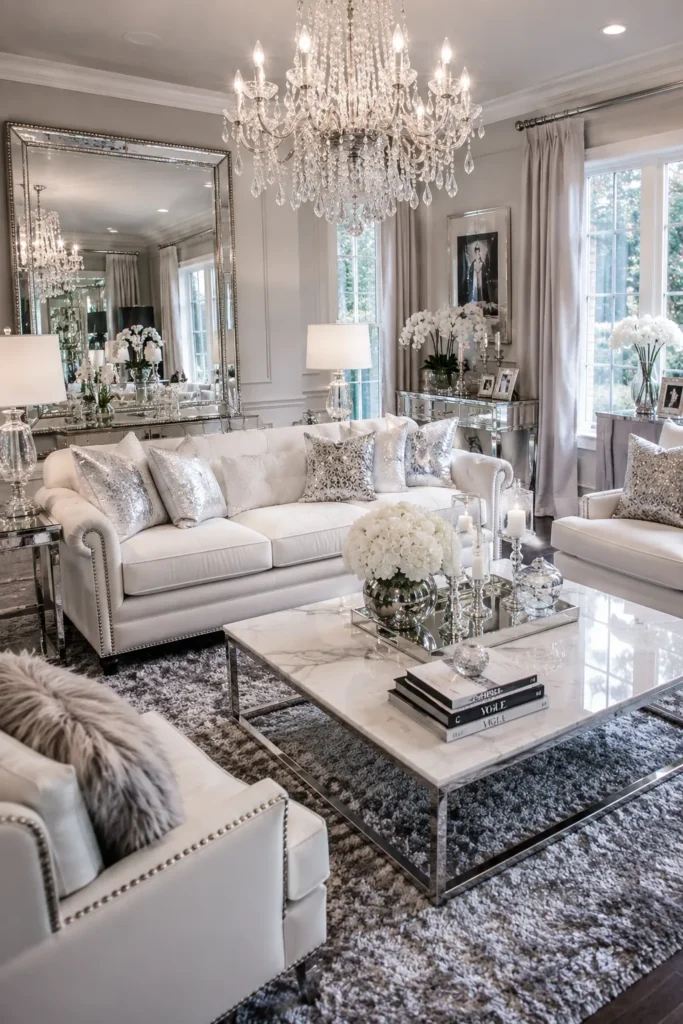 Silver and White Glam Living Room