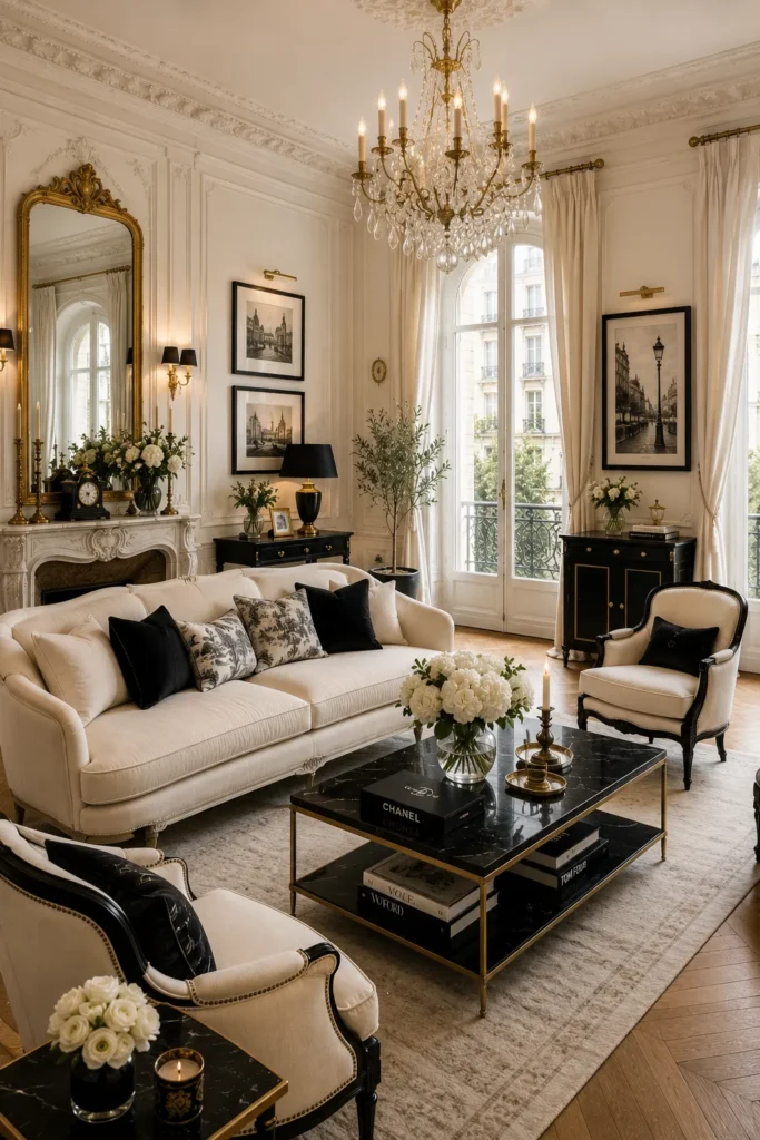Sophisticated French Living Room with Black Accents