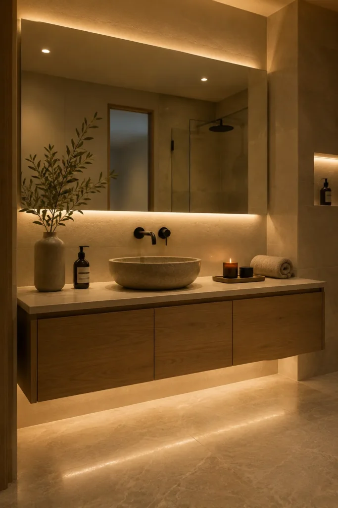Warm LED Strip Lighting Under Floating Vanities