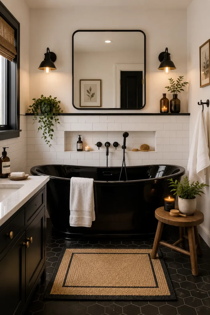 Black Bathtub With White Subway Walls