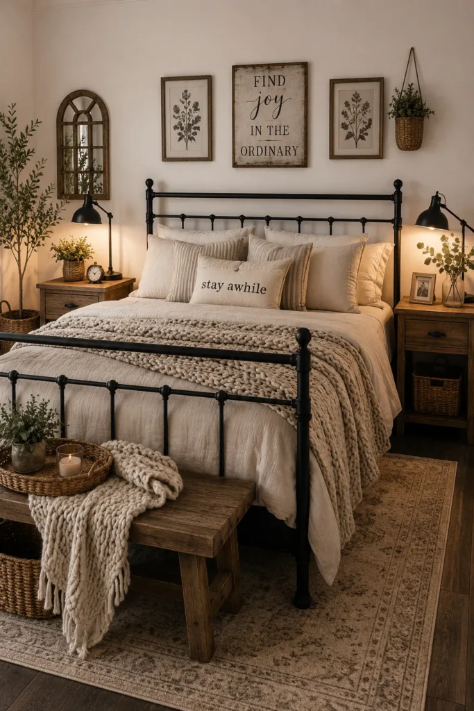 Black Metal Bed Frame with Farmhouse Charm