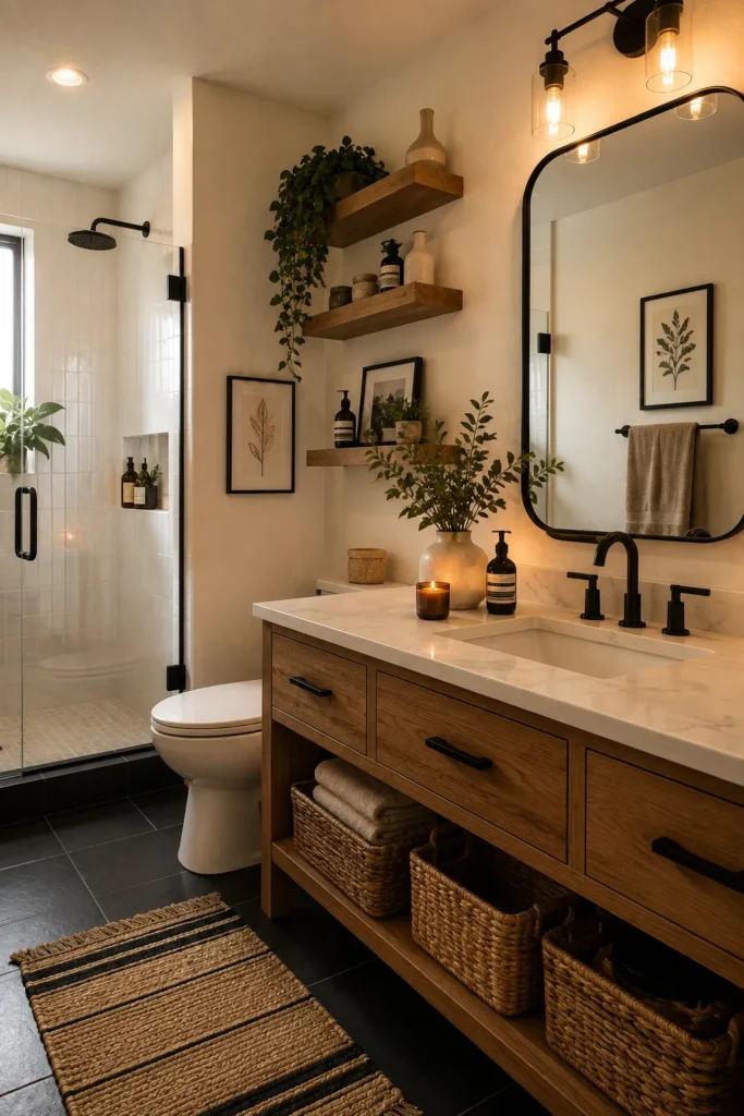 Black and White Bathroom With Wood