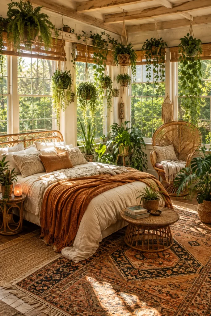 Boho Sunroom Bedroom Filled with Green Plants