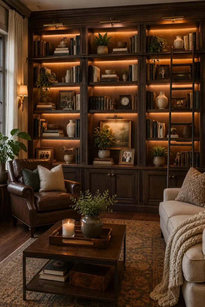 Built-In Bookshelves with Warm Lighting