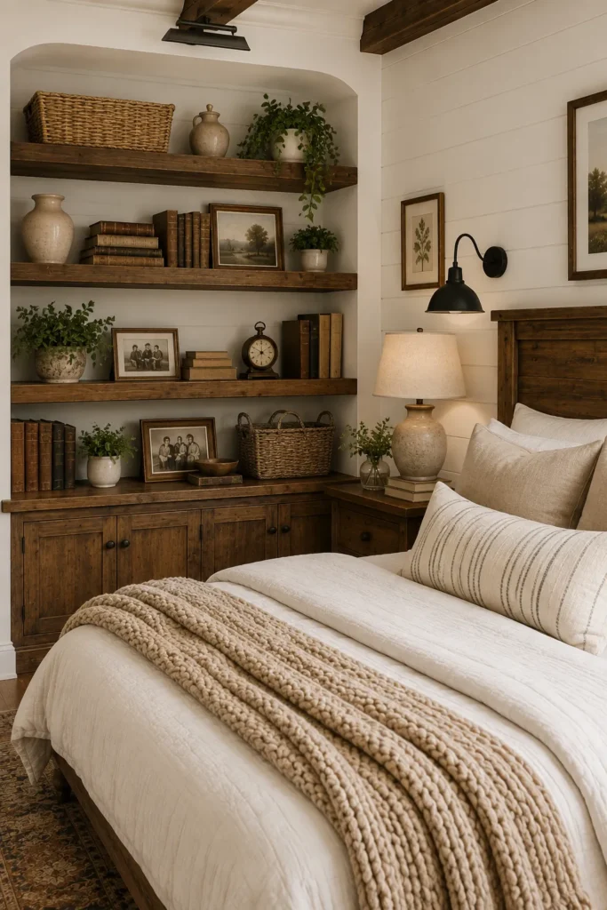 Built-In Wooden Shelves with Farmhouse Decor