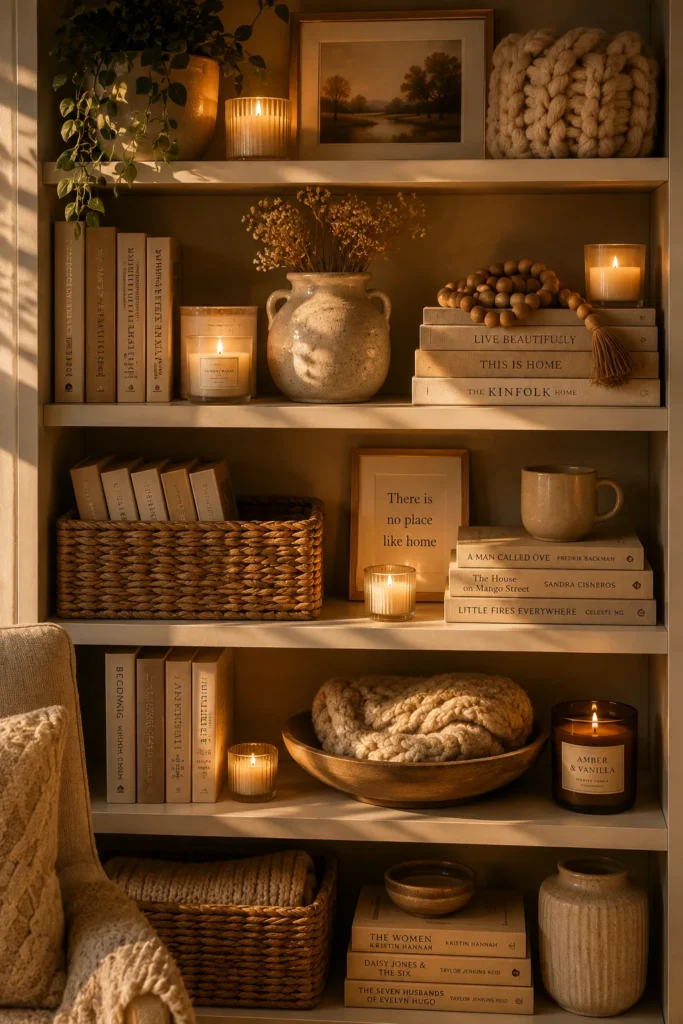 Cozy Bookshelf with Candles and Textures
