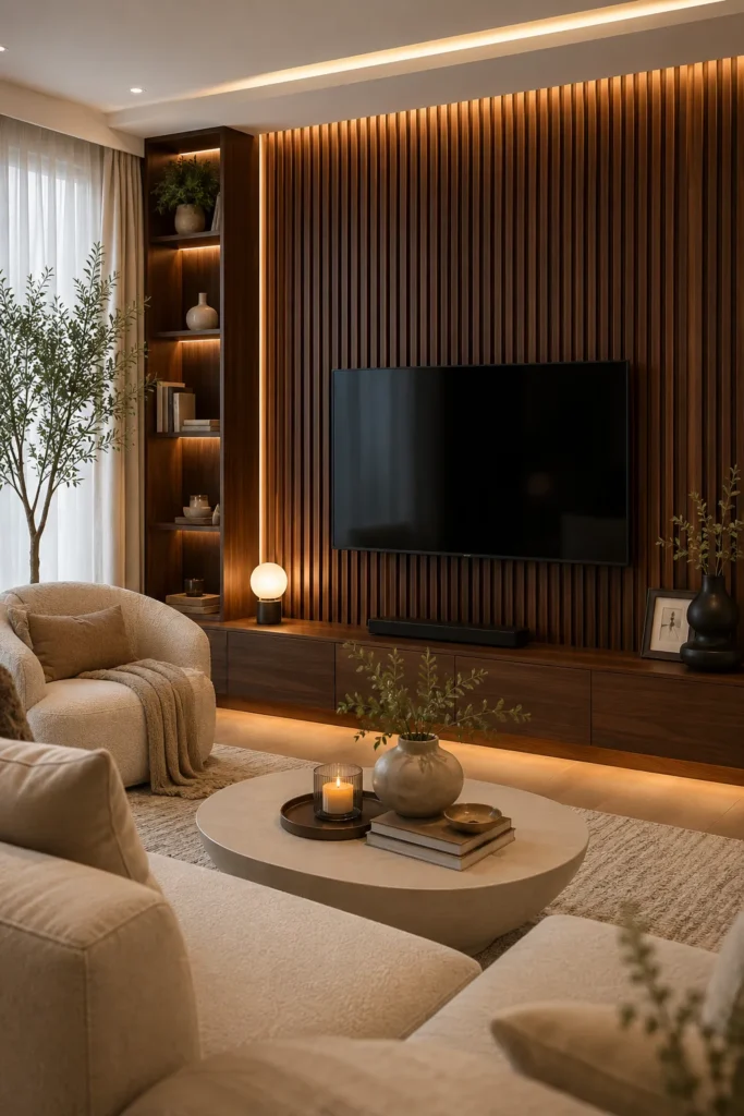 Dark Walnut Slat TV Wall