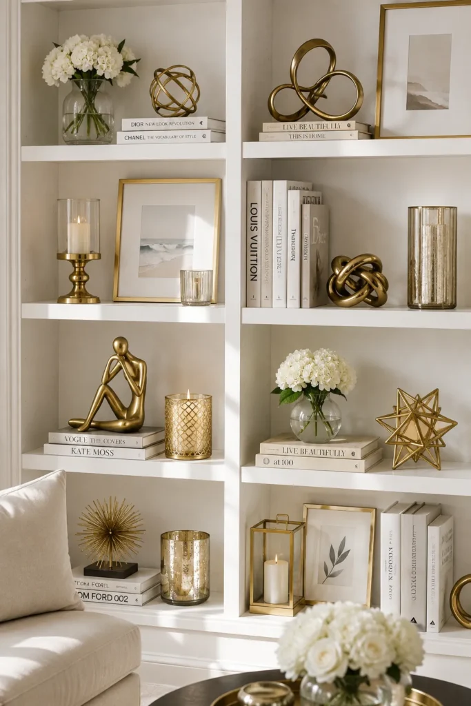 Elegant Gold Accents on Open Shelves