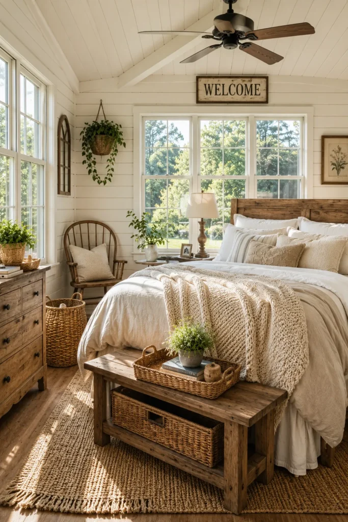 Farmhouse Sunroom Bedroom with Cozy Textures
