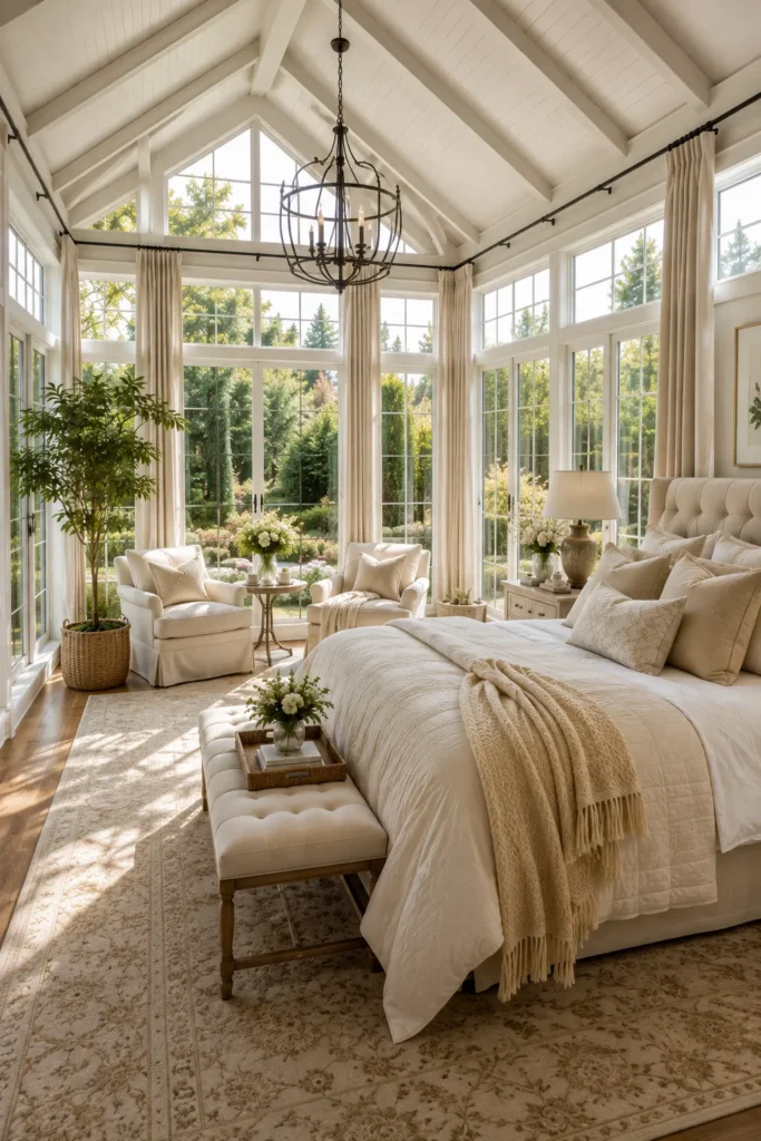 Glass-Enclosed Sunroom Bedroom with Scenic Views