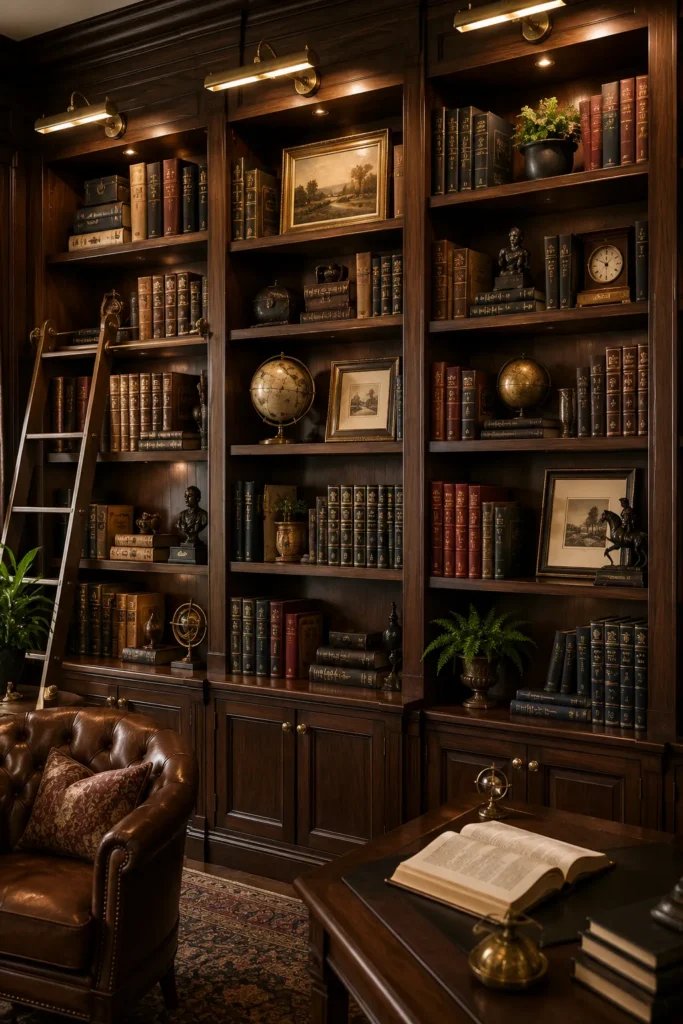 Luxury Home Library with Dark Wood Shelves