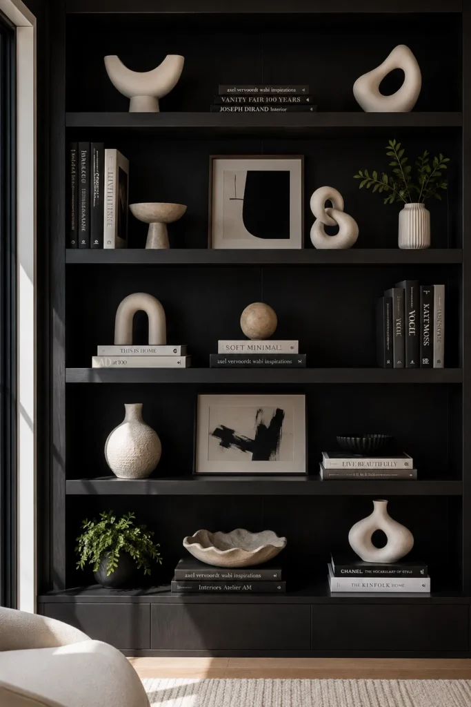 Modern Black Shelves with Sculptural Decor