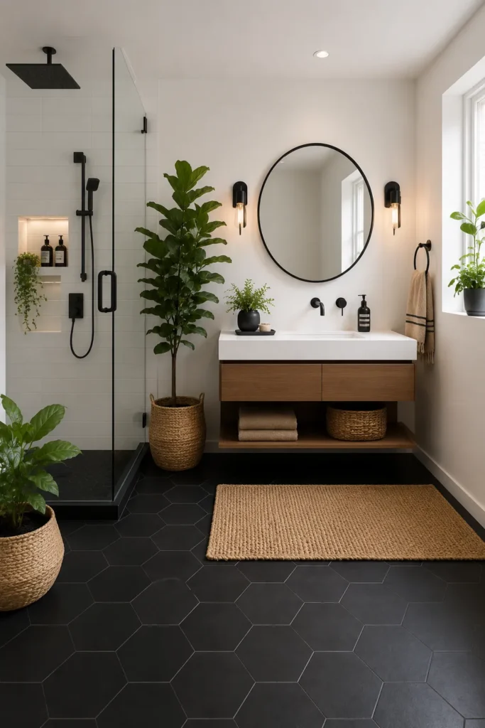 Modern Black and White Bathroom With Plants