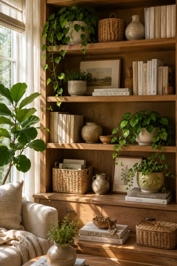 Natural Wood Bookshelves with Green Plants