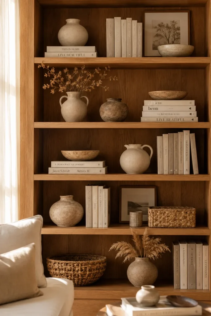 Neutral Ceramic Decor with Linen Books
