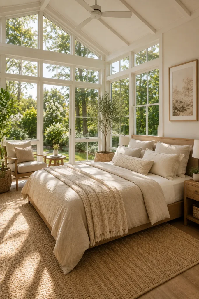 Neutral Sunroom Bedroom with Linen Bedding