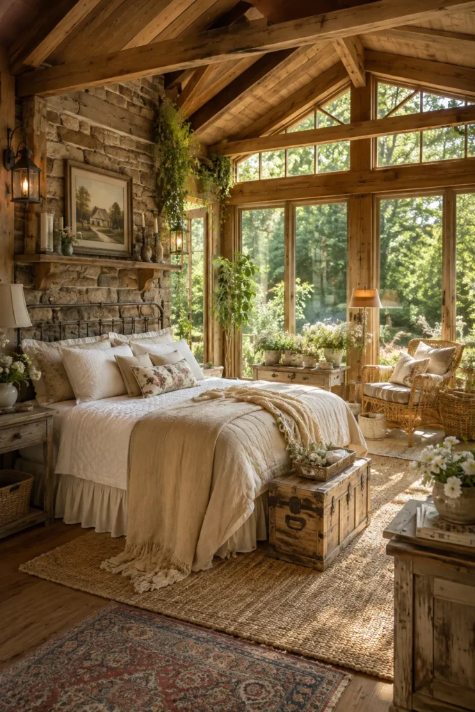 Rustic Sunroom Bedroom with Wooden Beams