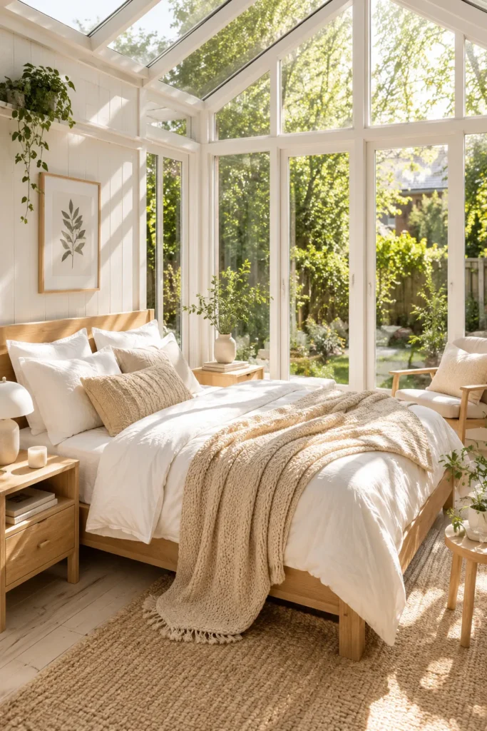 Scandinavian Sunroom Bedroom with Natural Wood