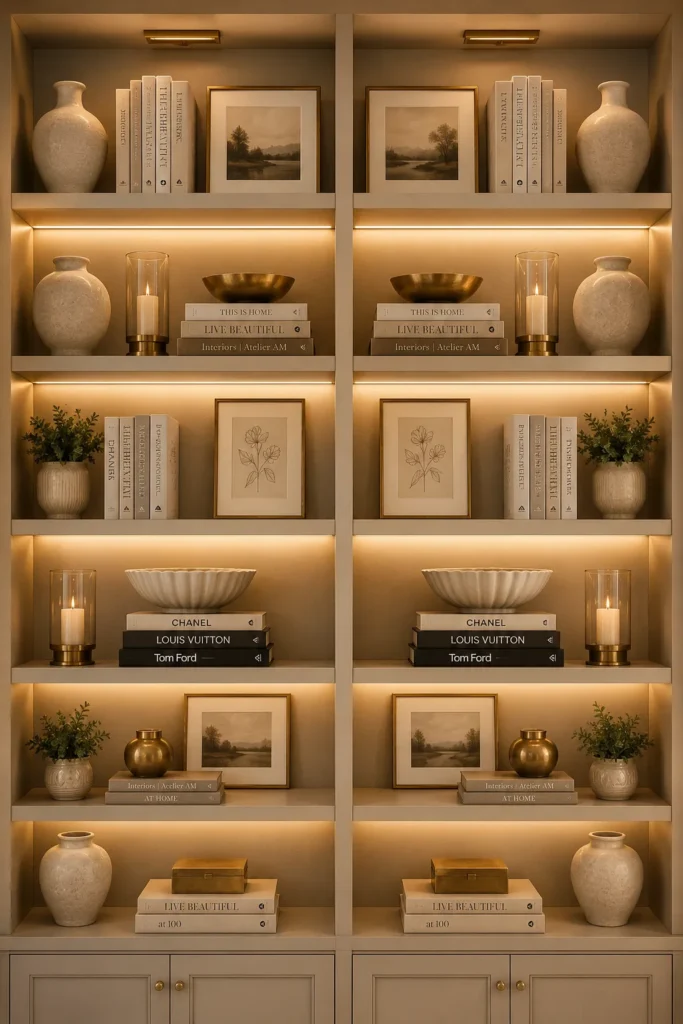 Symmetrical Shelf Styling with Matching Accessories