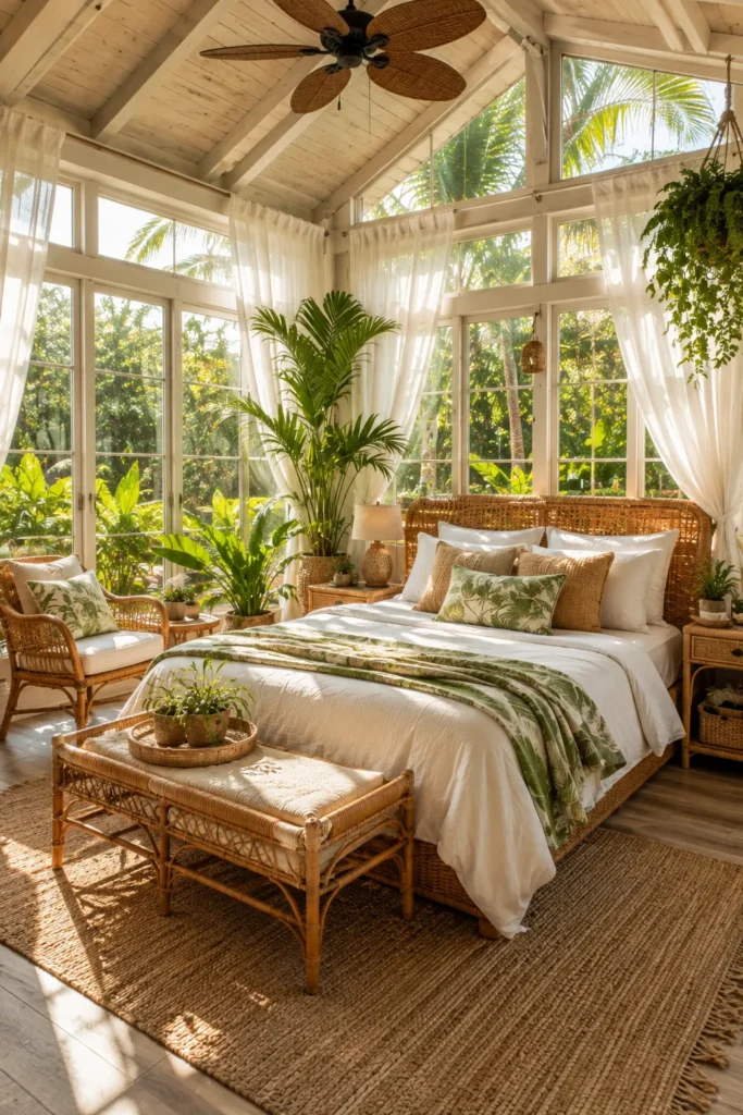 Tropical Sunroom Bedroom with Rattan Furniture