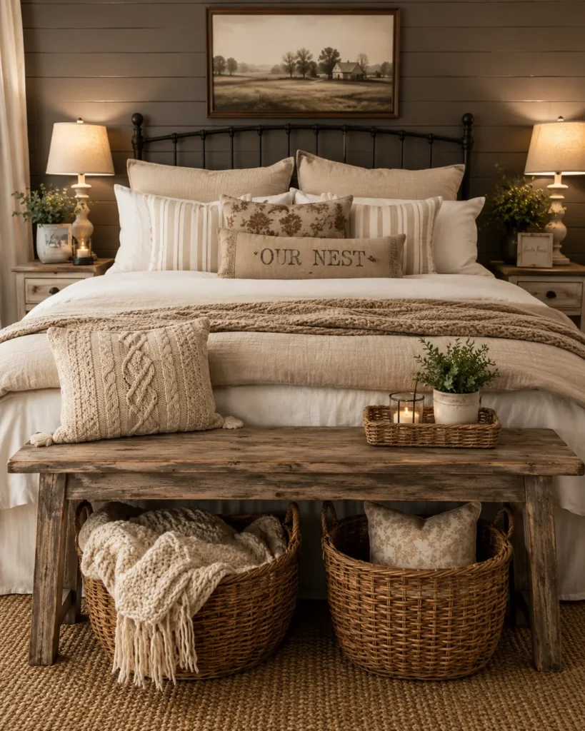 Vintage Wooden Bench at the Foot of the Bed