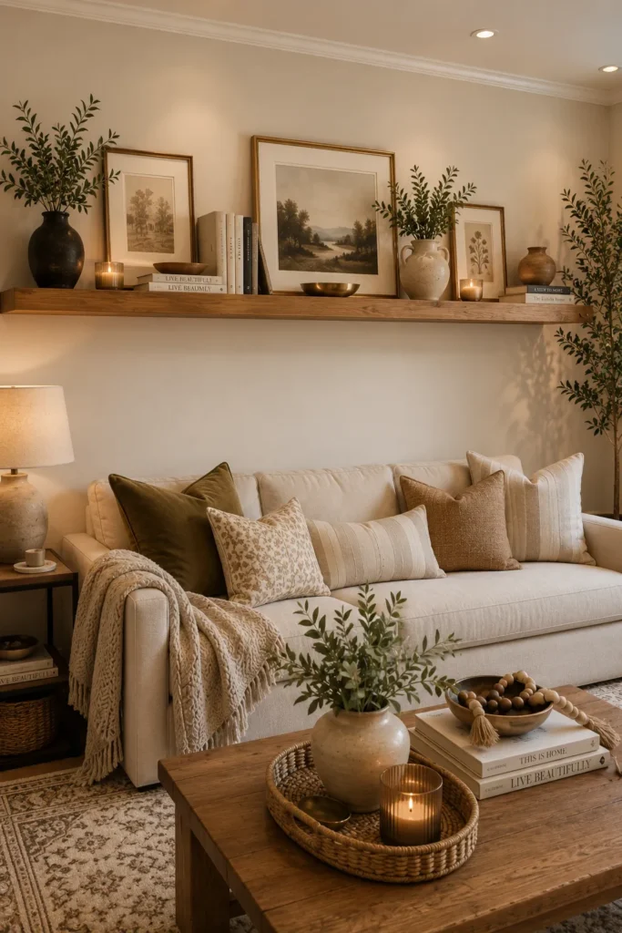 Long Floating Shelves Above a Sofa